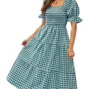 ZESICA Chic Teal Gingham Midi Dress